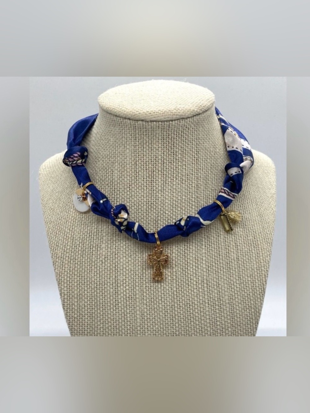 Blue White Gold Mod Satin Scarf Necklace Gold Charms Boho Retro Preppy Summer